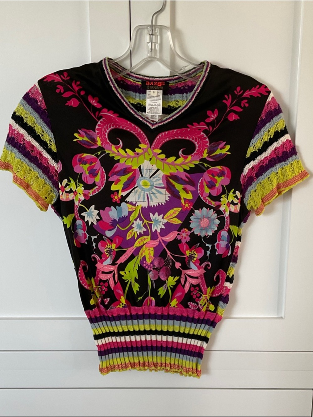 Christian Lacroix Multicolor Striped Knit Top in Black, Pink, Purple & Lime